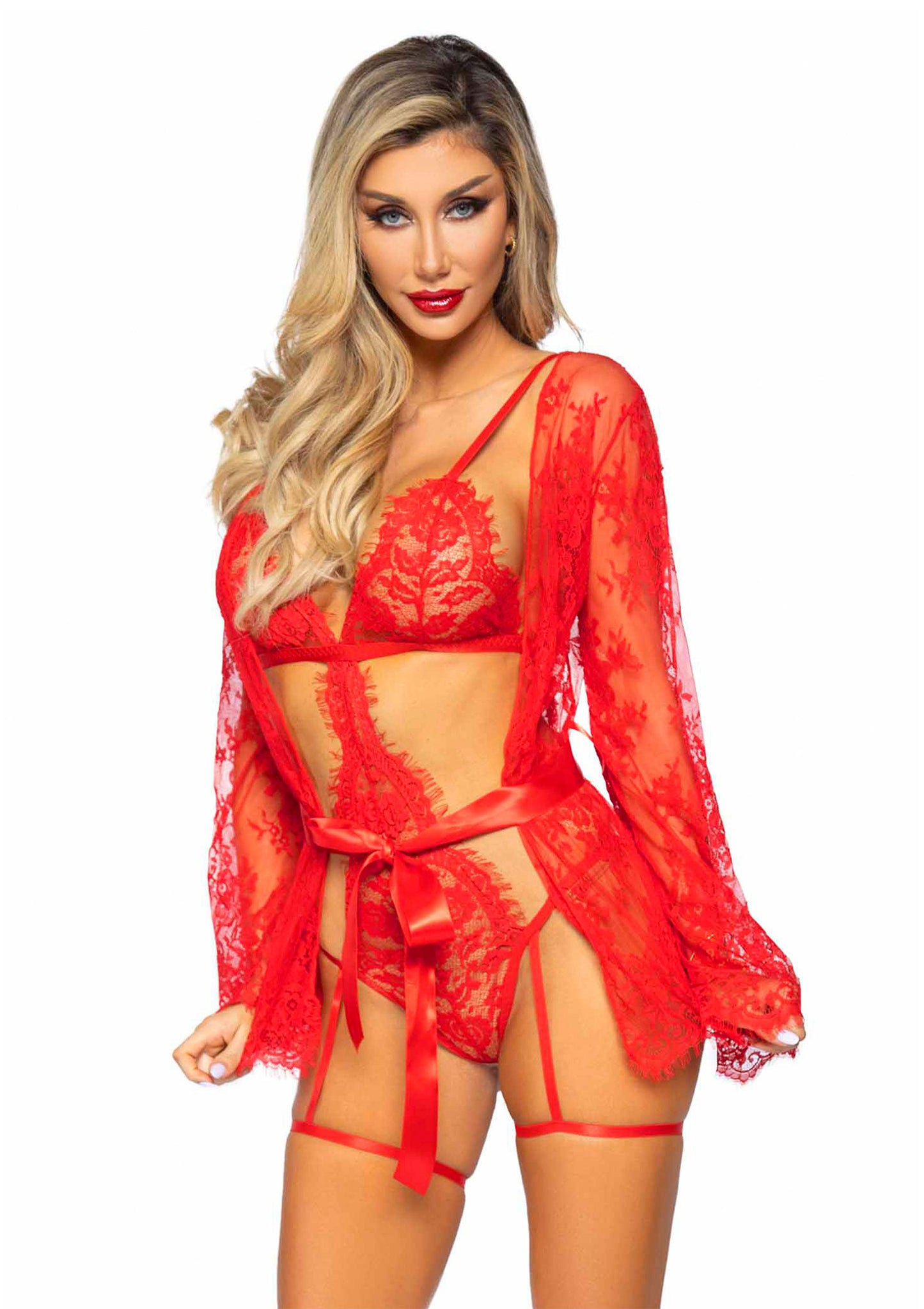 Body con vestaglia Teddy, lace robe & ribbon tie