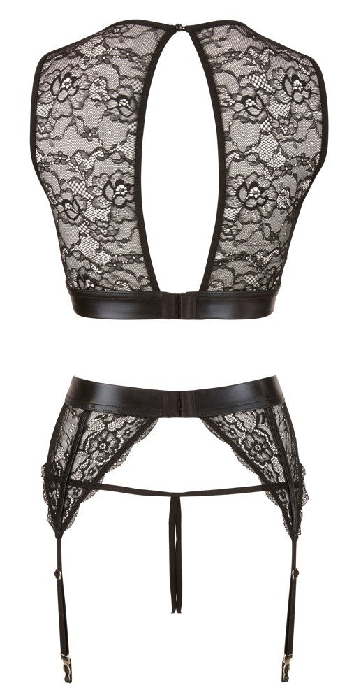 set intimo in pizzo donna fetish con manette reggicalze perizoma aperto e top nero