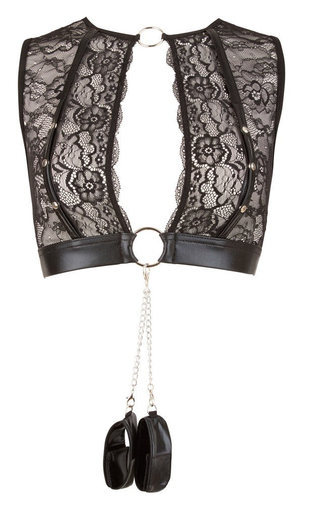 set intimo in pizzo donna fetish con manette reggicalze perizoma aperto e top nero